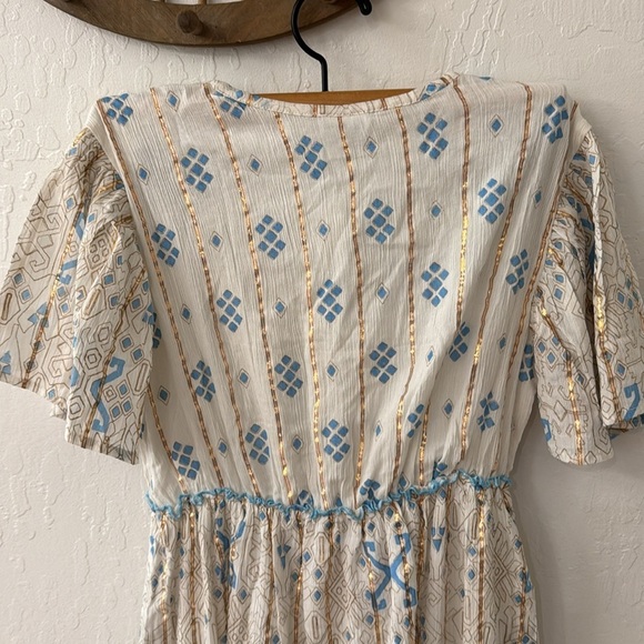 Boho Blue Gold Orange Metallic Sequin V Neck Tassel Made in India Tiered Dress - Picture 7 of 8